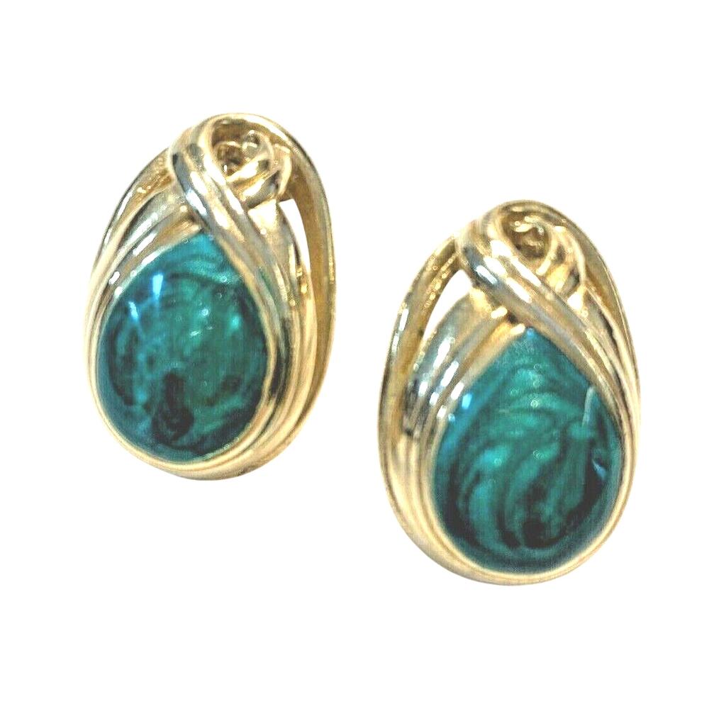 Vintage Y2K pierced earrings gold tone & green swirl enamel textured dimensional